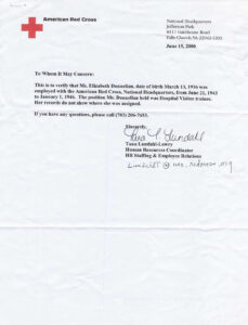 Letter from the American Red Cross dated June 15, 2000, verifying Elizabeth Donnellan's dates of employment. Opens a larger picture.