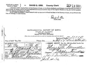 Supplemental report of birth for Elizabeth Donnellan, Illinois, certified by the Cook County Clerk in September 1991. Opens a larger picture.