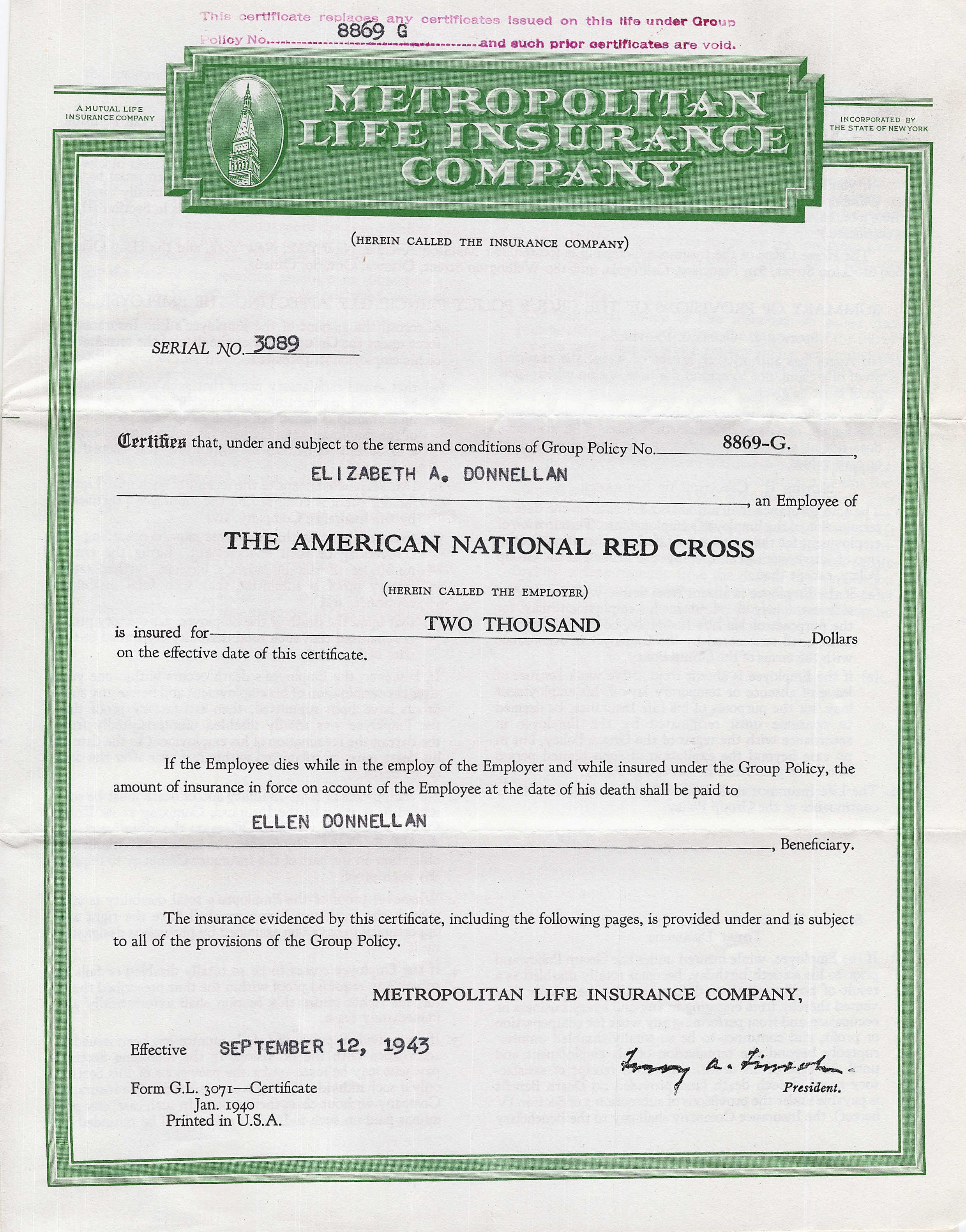 Page of the 1943 Red Cross insurance policy (opens a larger picture)
